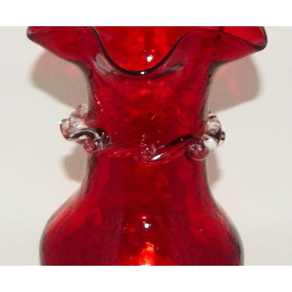 Kanawha Ruby Red Crackle Blown Glass Vase Applied Clear Rigaree Scroll - Picture 9 of 10